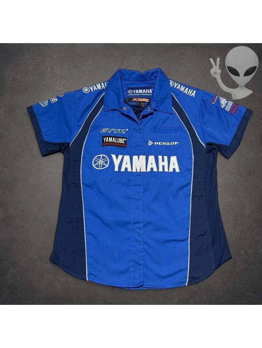 Yamaha Racing Pit Crew Shirt GYTR Yamalube Dunlop Blue Button Up Small Mens